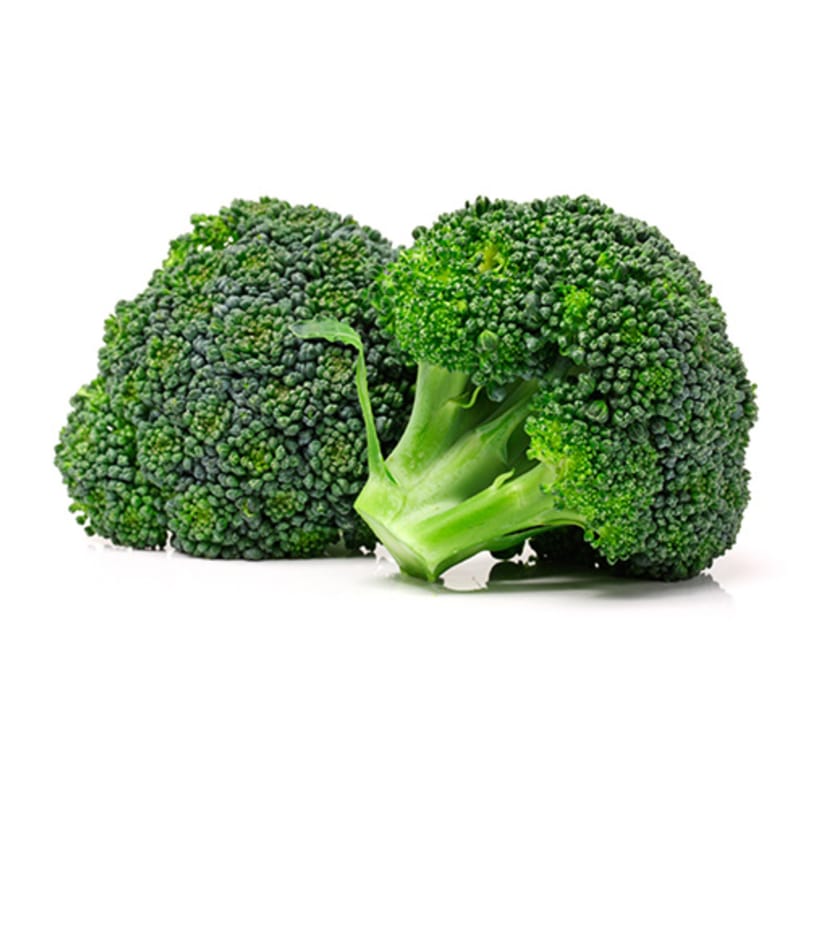 Two pieces of broccoli on a white background.