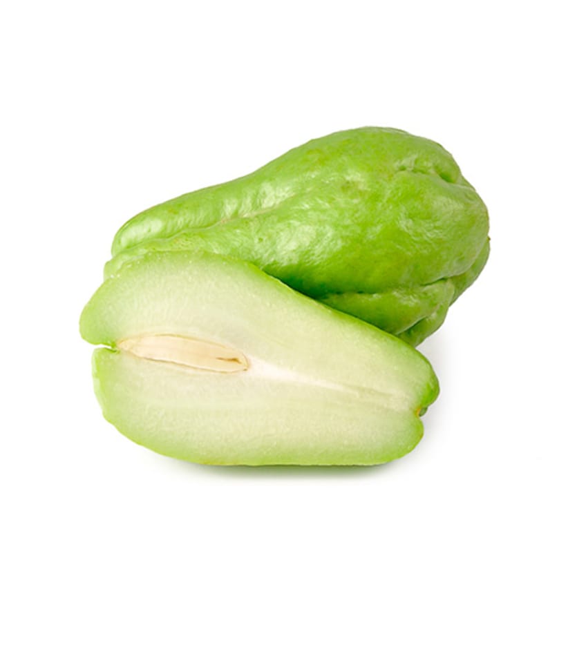 Two chayotes on a white background.