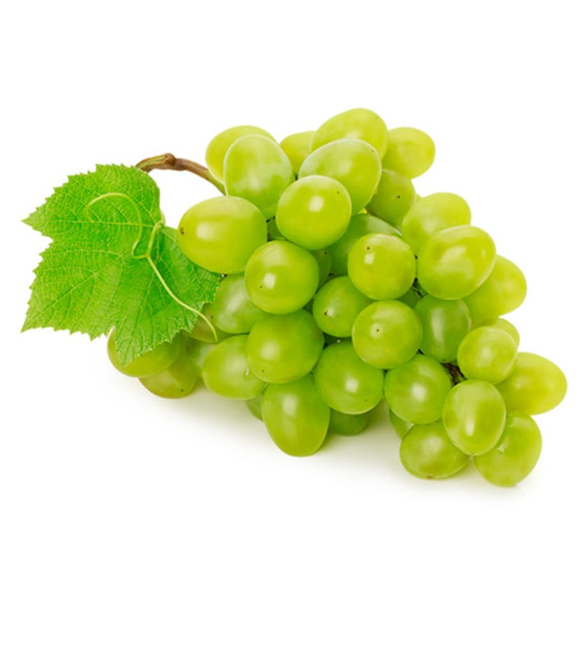 A bunch of green grapes on a white background.