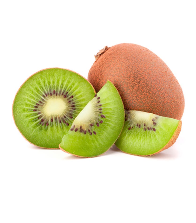 A slice of kiwi fruit on a white background.
