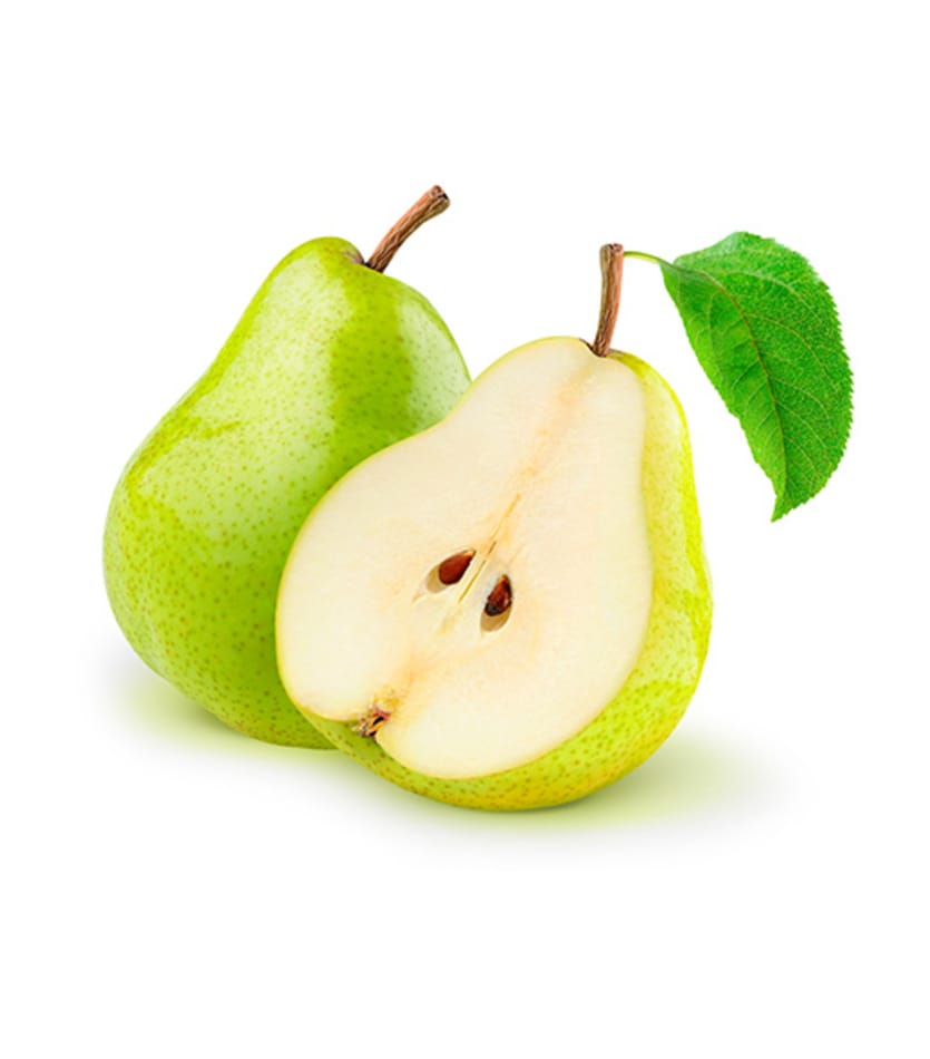 Two green pears on a white background.