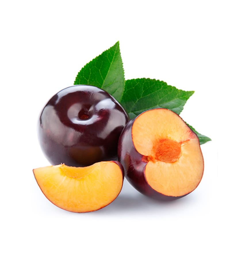 Two plums with leaves on a white background.