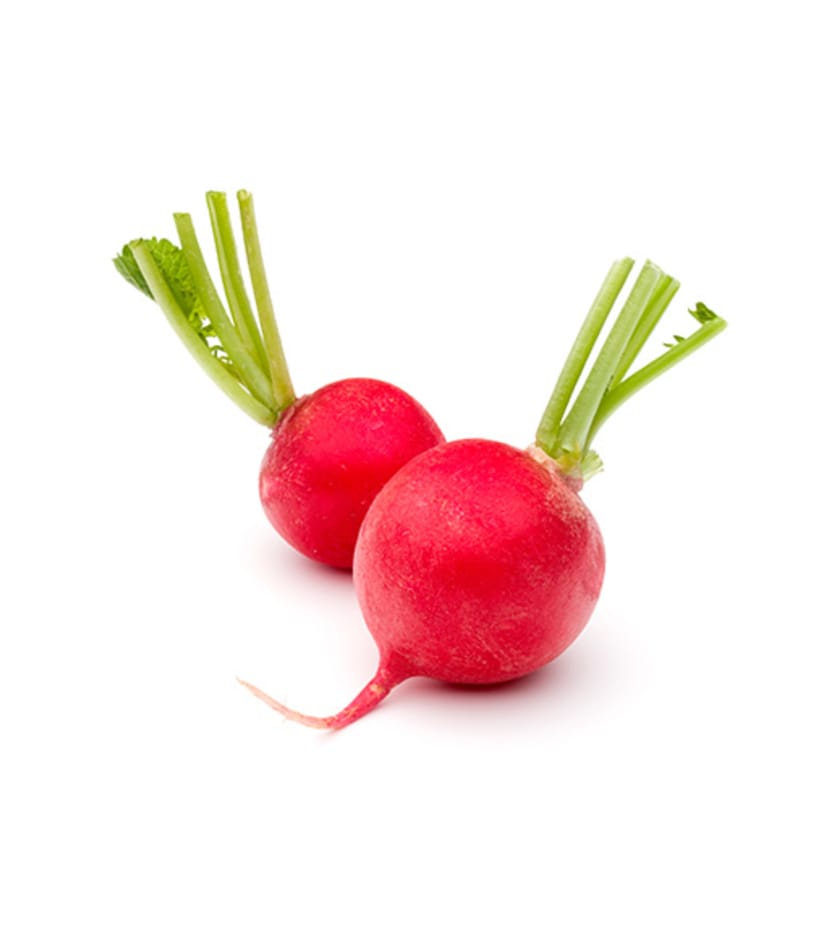 Two red radishes on a white background.