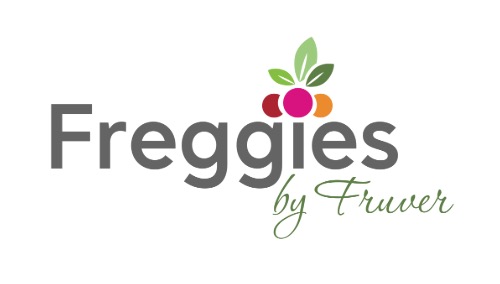 Logo of "freggies by fruver" featuring stylized fruits and leaves above the brand name.