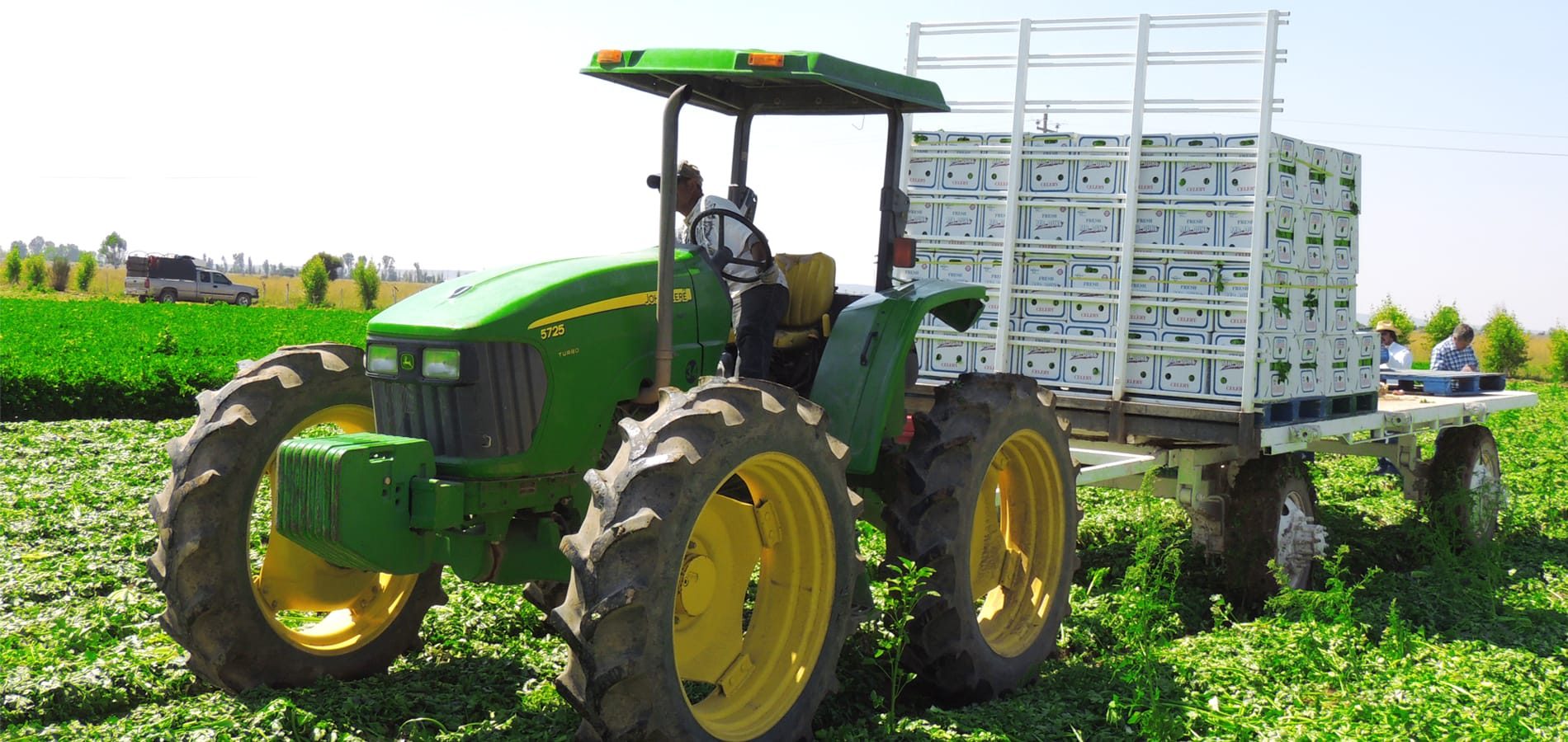 A green tractor pulling a trailer full of crates.